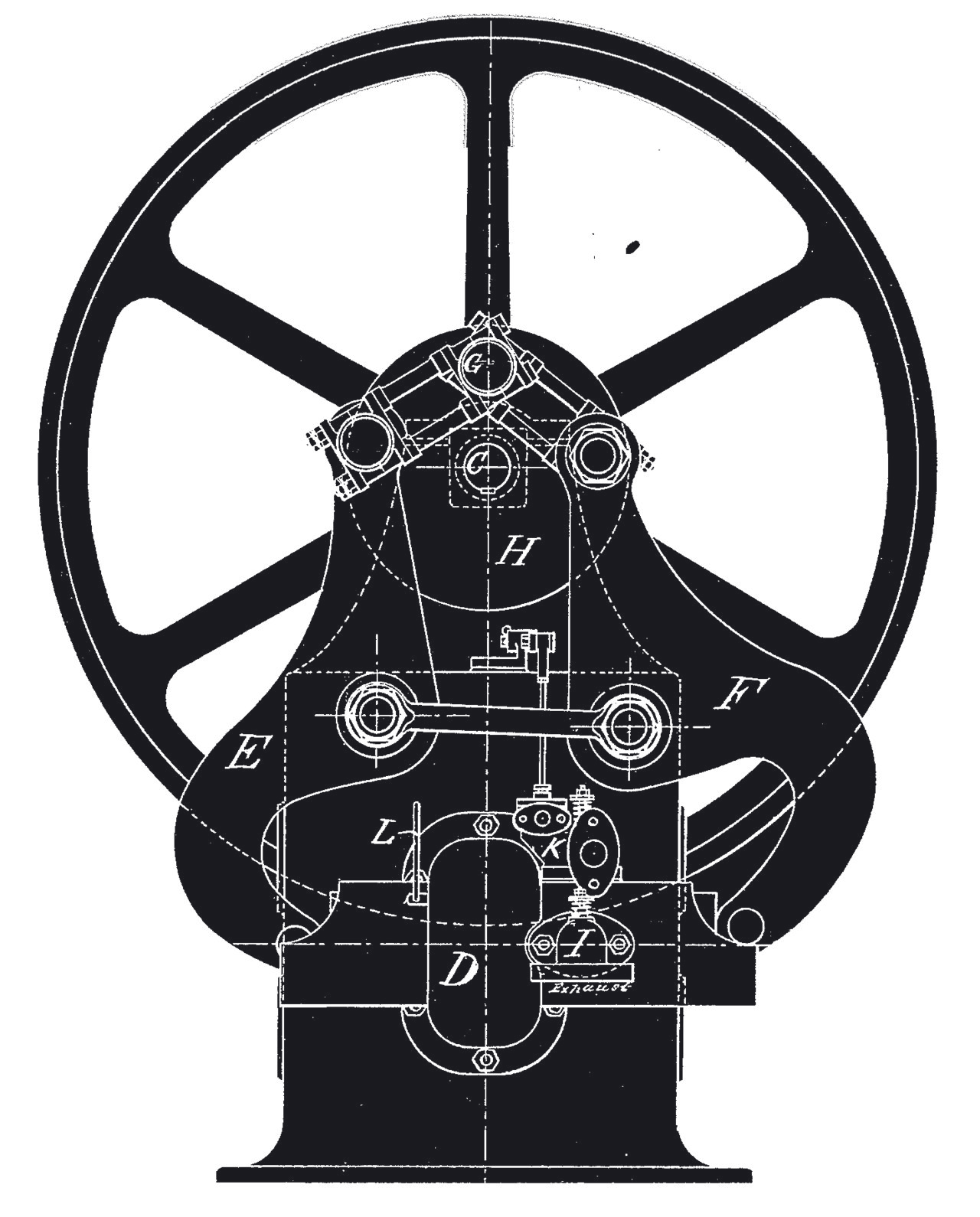 Front view of an Atkinson cycle engine showing flywheel and linkage